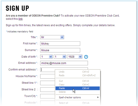 Odeon email confirmation - paste disabling antipattern