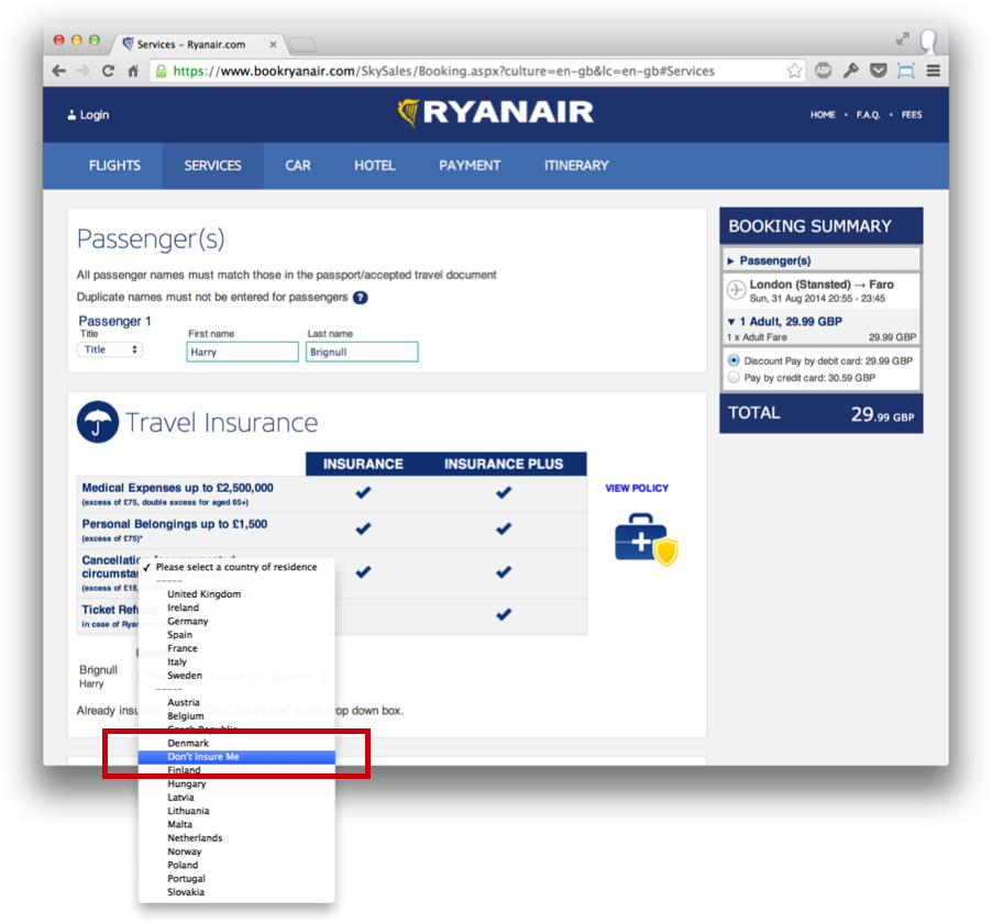 Ryanair's infamous insurance dark pattern